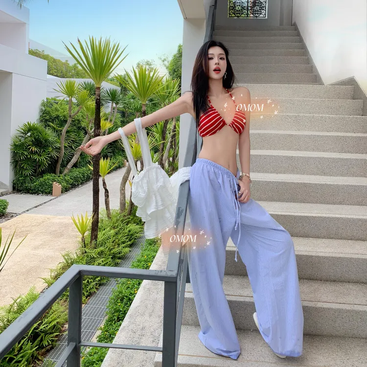 OMOM【美式辣妹】复古条纹比基尼三件套性感分体沙滩度假泳衣5051