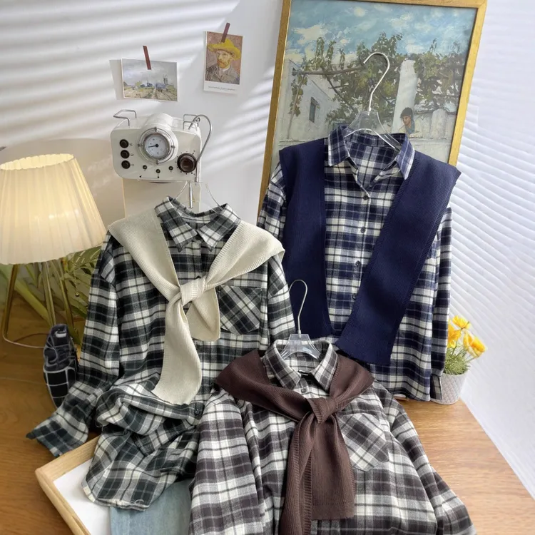 复古针织披肩格子长袖衬衫女2024秋季韩版宽松休闲慵懒风上衣6100