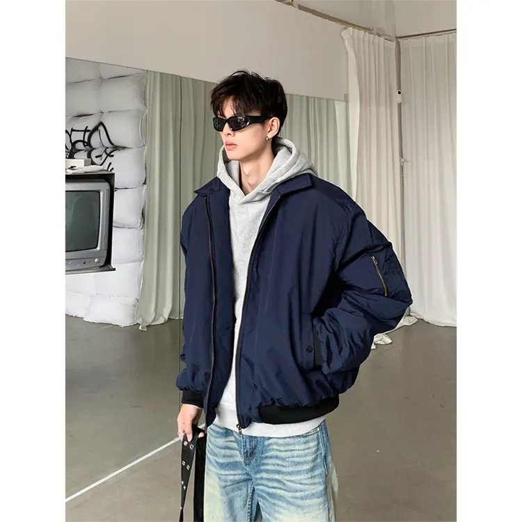 美式复古藏青色翻领棒球棉服男潮牌痞帅飞行工装夹克cleanfit外套