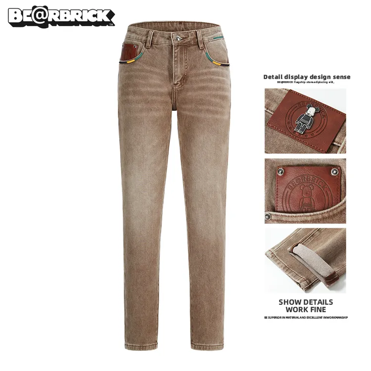 积木熊Be@rbrick【明星同款】手绘牛仔裤男士秋冬季潮流修身裤弹力