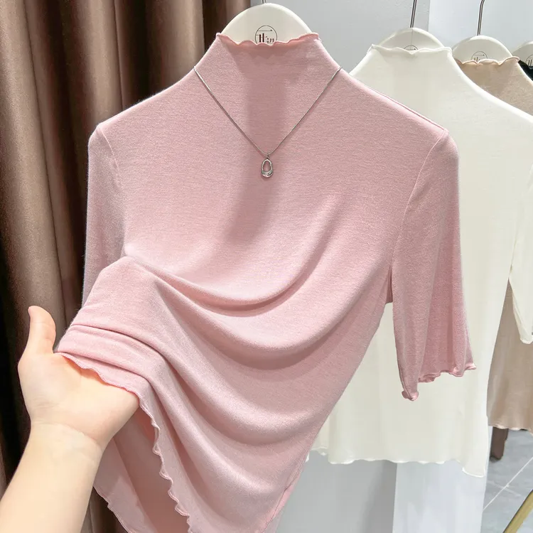 粉色甜美洋气木耳边上衣女秋冬新款修身柔软中袖T恤薄款打底内搭