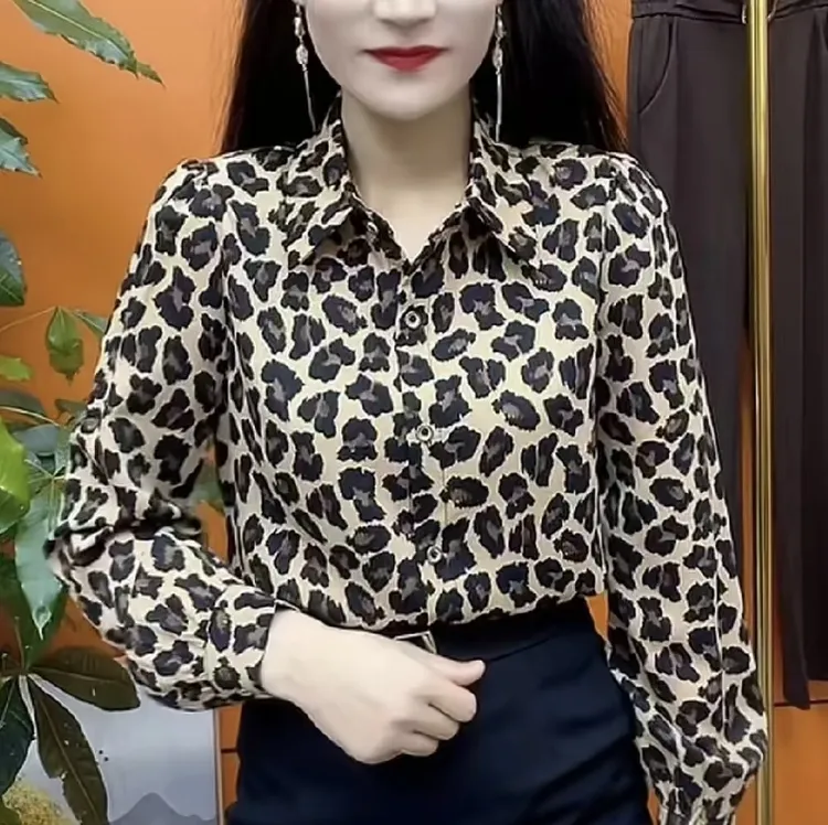 春秋新款百搭长袖女士豹纹衬衫修身气质衬衣高质感开衫上衣女小衫