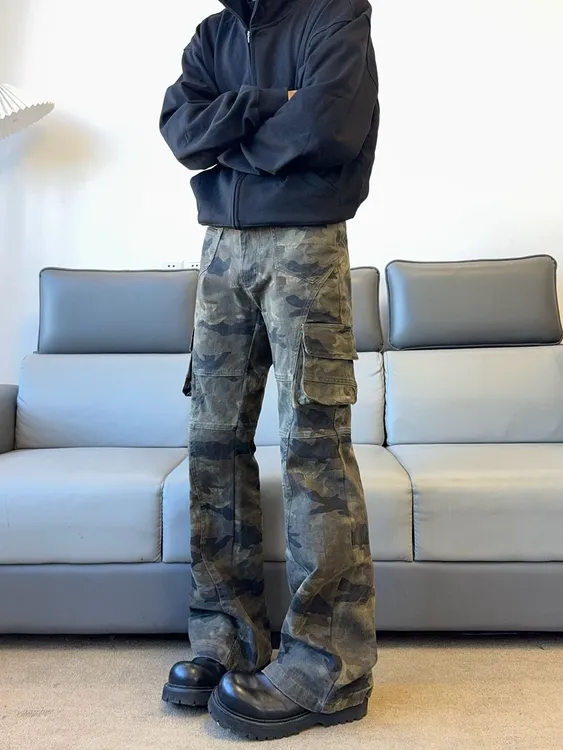 美式复古vibe微喇迷彩工装裤男女修身直筒休闲裤男秋冬显高马蹄裤
