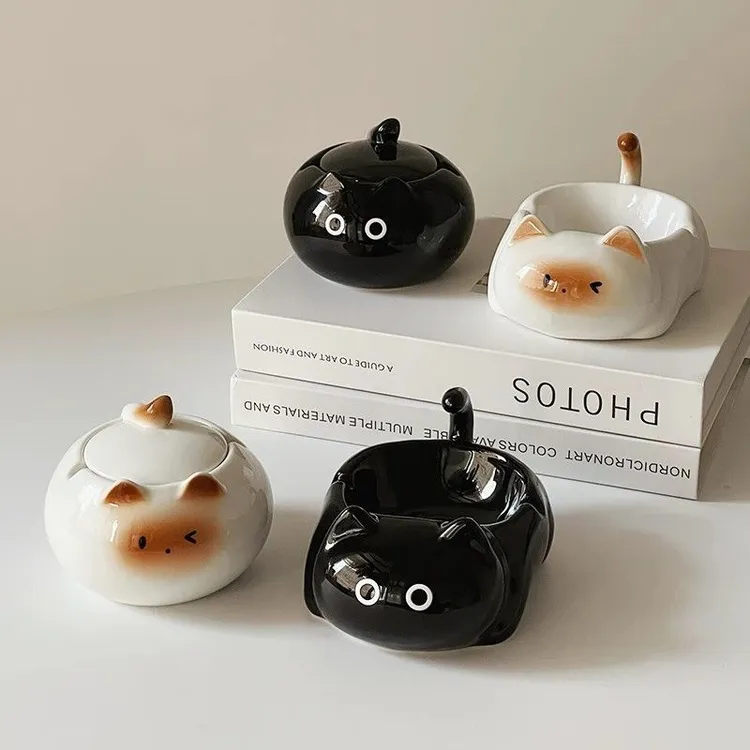 暹罗猫卡通陶瓷带盖防飞烟灰缸家用装饰摆件高颜值可爱伴手礼礼物