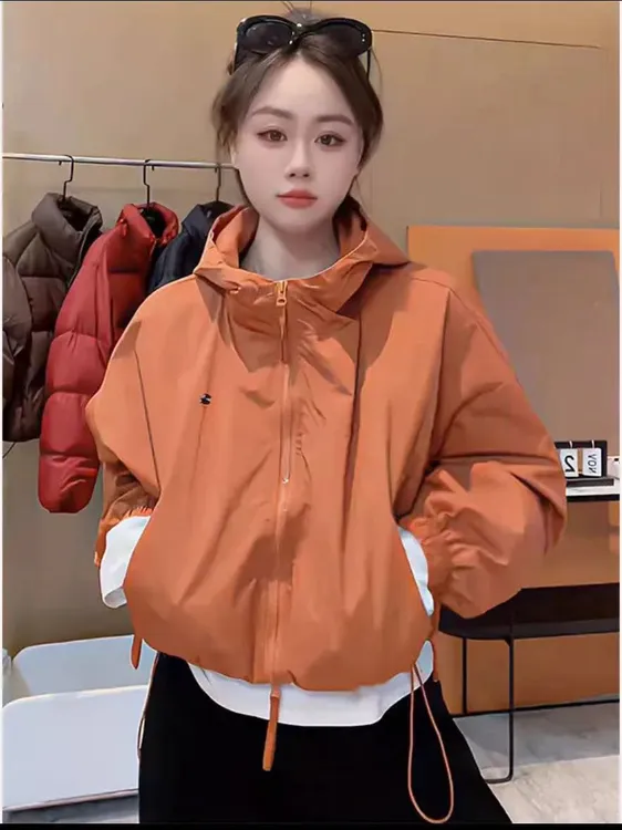 [Y-03]春秋款连帽拉链保暖下摆抽绳休闲ins长袖冲锋衣外套短款女