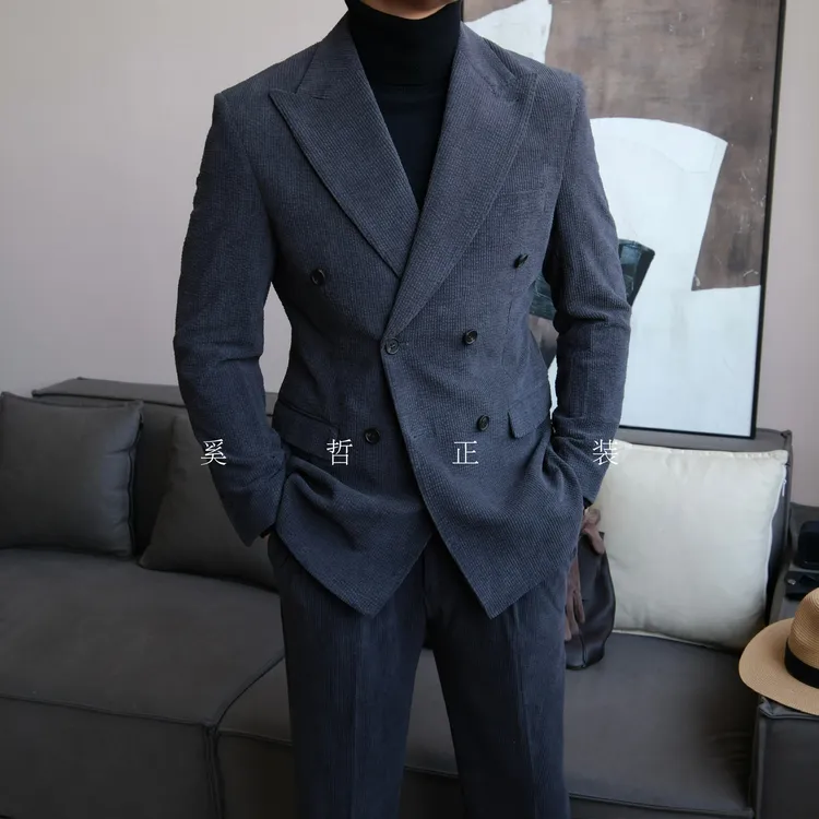 秋冬新款老钱风灯芯绒纹理感休闲男士双排扣西服套装3358