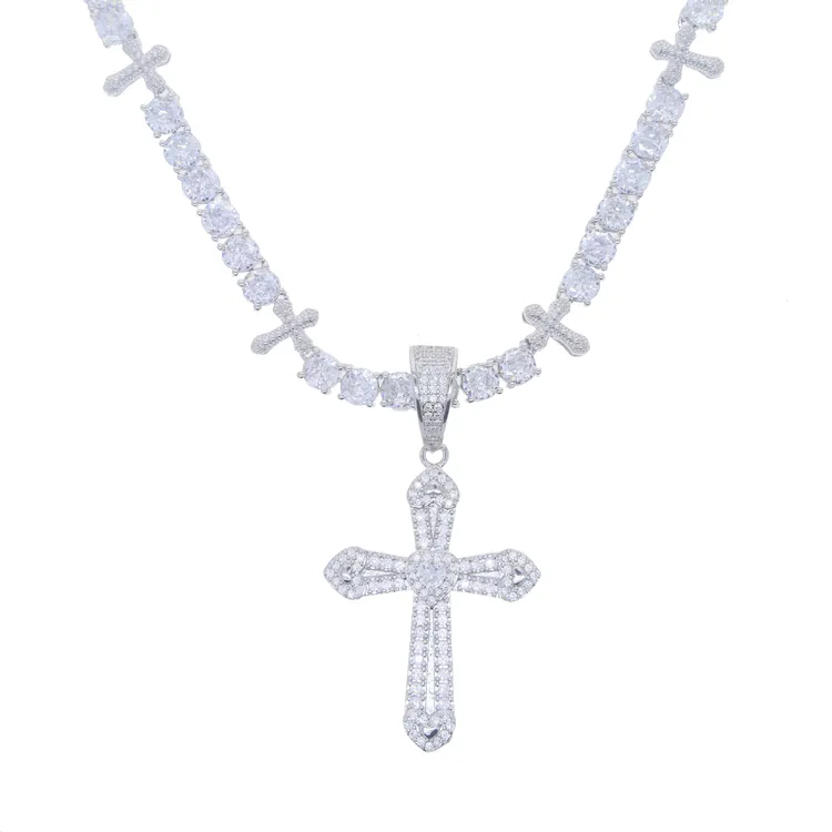 铜合成锆石项链 六七嘻哈爱心十字架吊坠搭配5mm十字架网球链套装