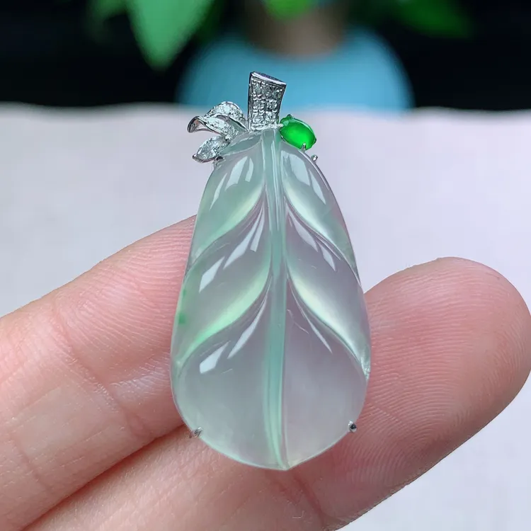 l缅甸天然翡翠A货32-15.7-6.4玉石18k金镶嵌老坑冰种晴水叶子吊坠