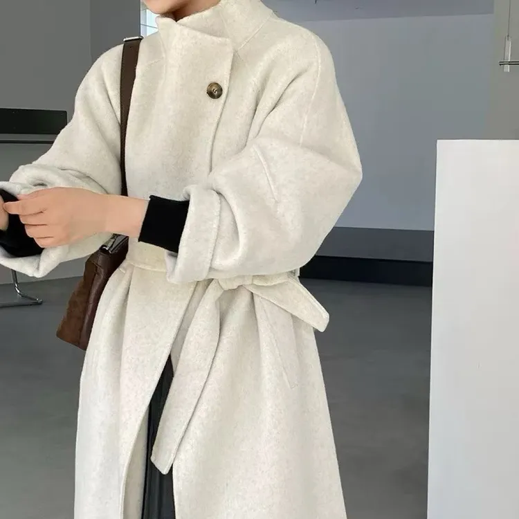 立领带腰带设计韩式双面羊毛中长款大衣时尚百搭通勤气质女士