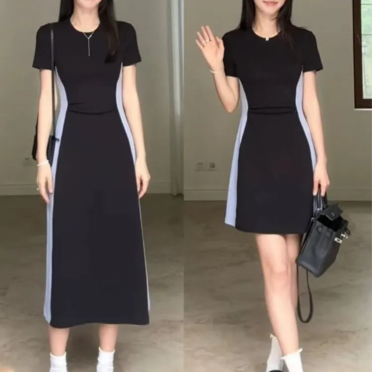 王美丽专享大码定制修容撞色连衣裙长短款9056+9057