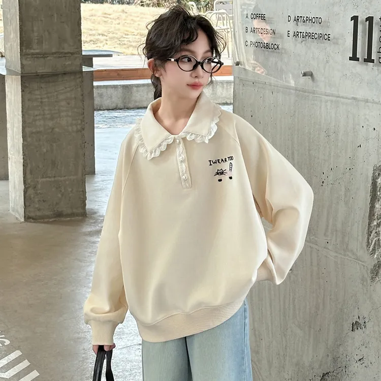 女童卫衣春秋款2025新款儿童女孩春装洋气休闲中大童长袖翻领上衣