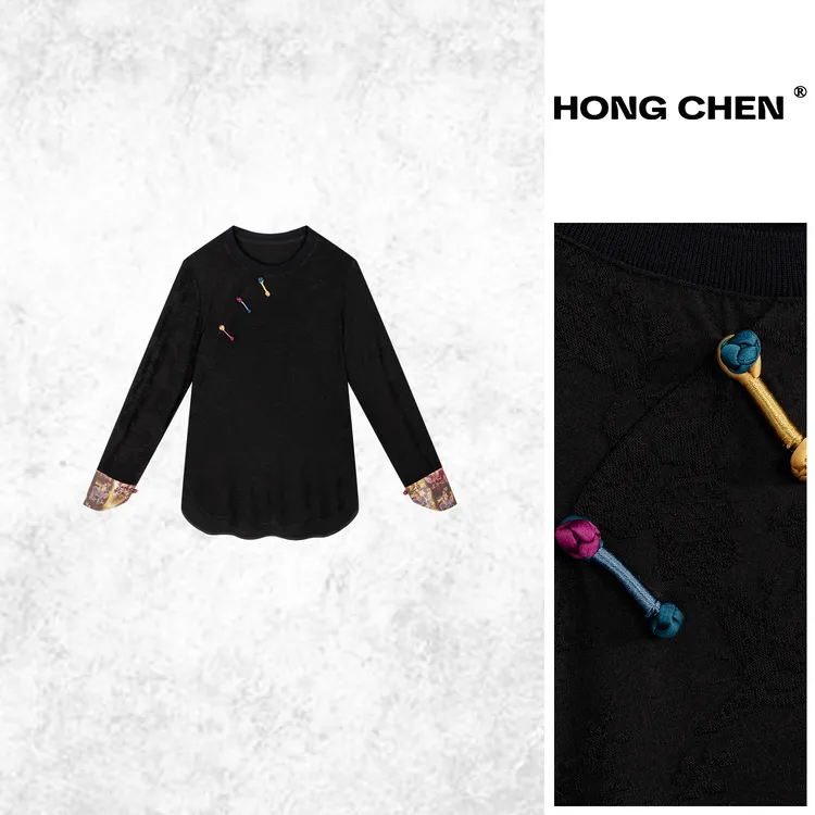 【虹辰·马到成功】秋高端时尚彩扣优雅锦袖提花长袖圆领上衣HC2869