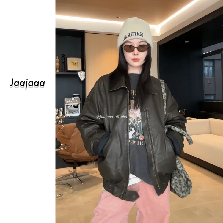 Jaajaaa西沙古域  秋季小众抗皱翻领免烫设计师黑色皮夹克/GAEBA