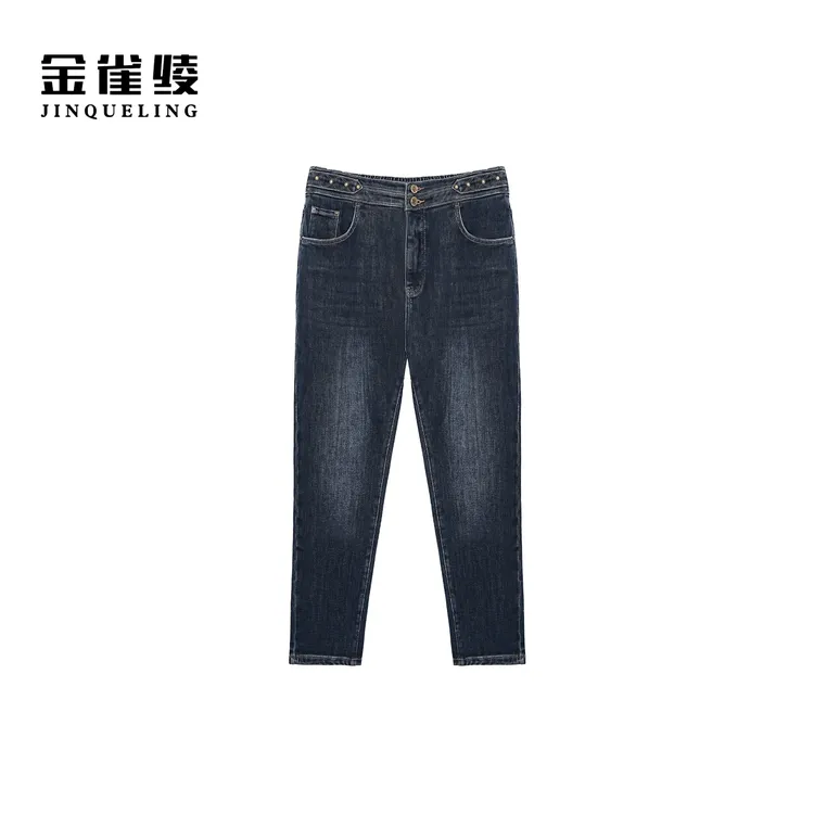 金雀绫【花青小脚裤】时尚休闲高腰织绒加宽加大牛仔裤SZAK4KSY149