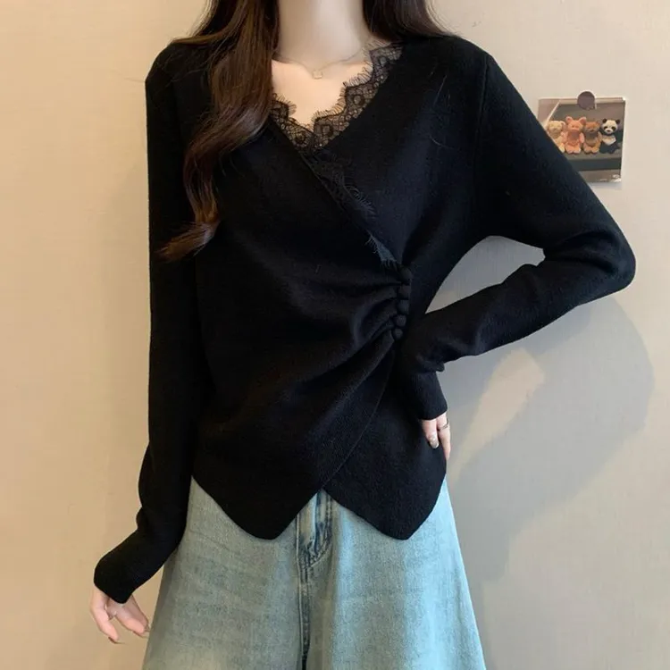 大码德绒设计感蕾丝拼接V领长袖T恤女秋冬季新款不规则交叉打底衫