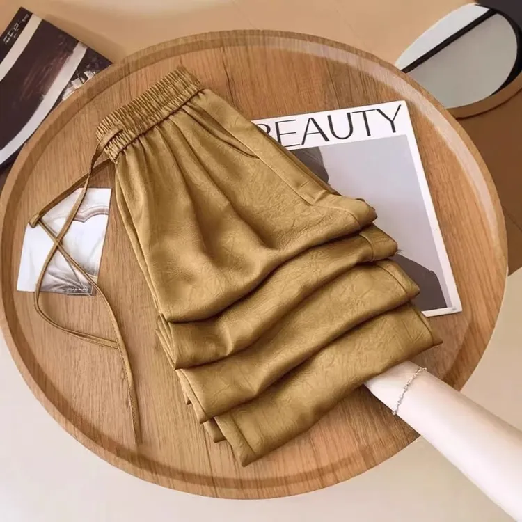 提花缎面阔腿垂坠感女裤夏季薄款新中式国风高腰冰丝休闲直筒裤女