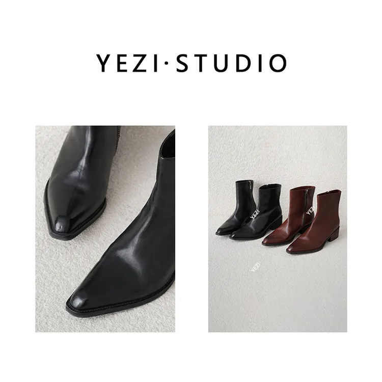 【布朗尼】复古新款水洗马皮粗跟尖头设计水洗褶皱切尔西靴25449057