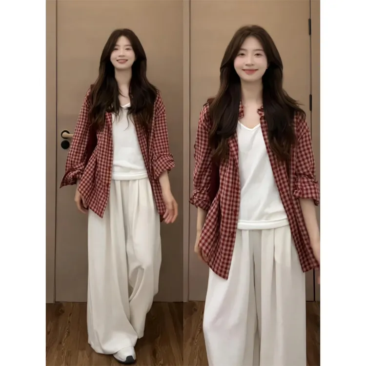 日系少女风复古红色格子衬衫外套防晒开衫衬衣垂感阔腿显瘦拖地裤