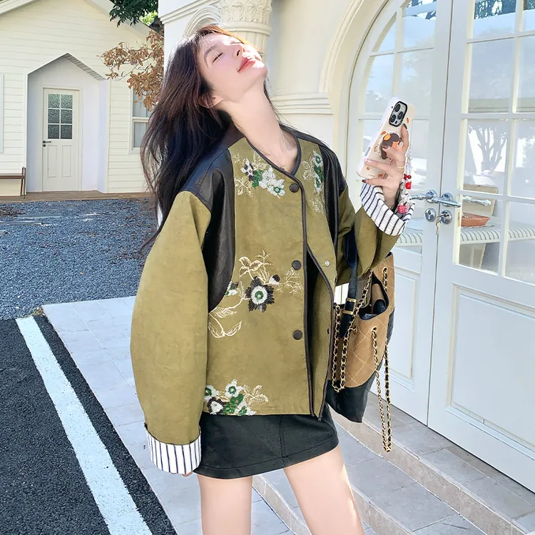重工刺绣休闲外套女短款2025春秋新款时尚百搭拼接皮衣爆款夹克潮