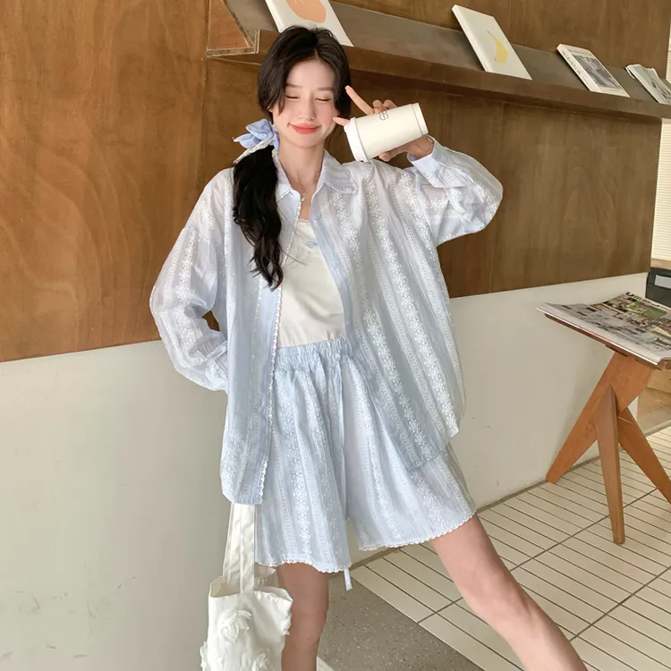 现货冰岛蓝夏日清爽条纹两件套套装薄款097-C29-,夏季外穿