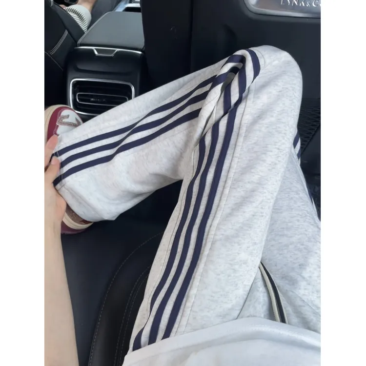 美式三条杠条纹卫裤男款秋冬季潮牌宽松休闲运动阔腿直筒弯刀裤子