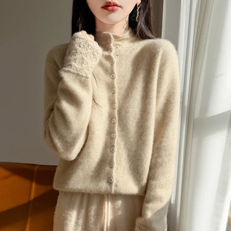 专柜正品100%纯羊绒衫精致翻领高领单排扣厚款百搭时尚针织衫女