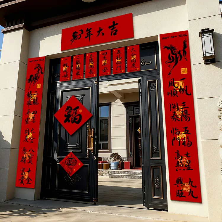 菲寻马年对联2026新款春节过年农村大门书法春联新年自粘福字门贴