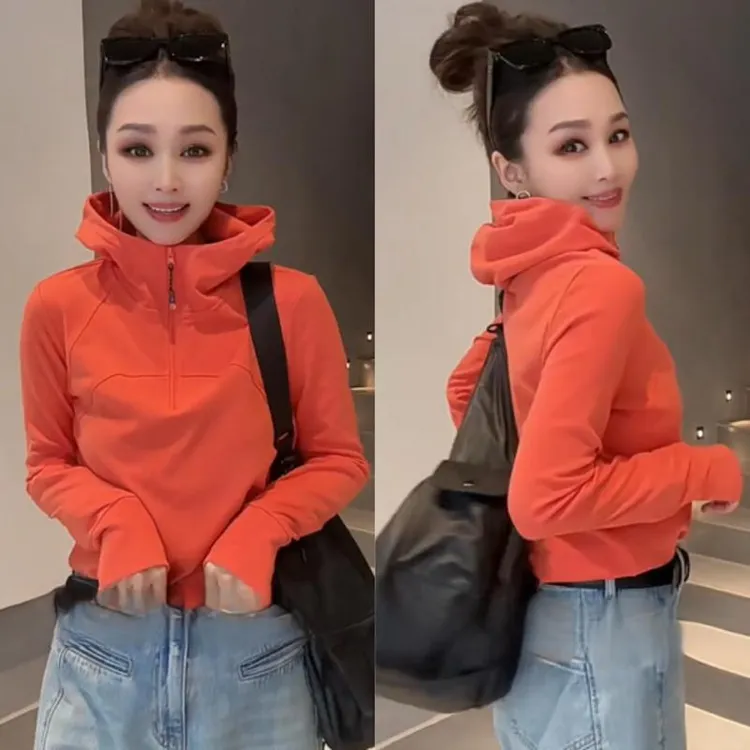 美式时尚高弹半拉链连帽卫衣女2025春季欧货百搭休闲打底帽衫上衣