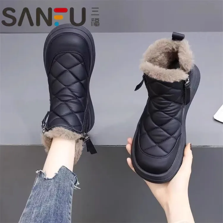 三福平底雪地靴女2025新款冬季加绒加厚防滑短靴东北大棉保暖棉鞋