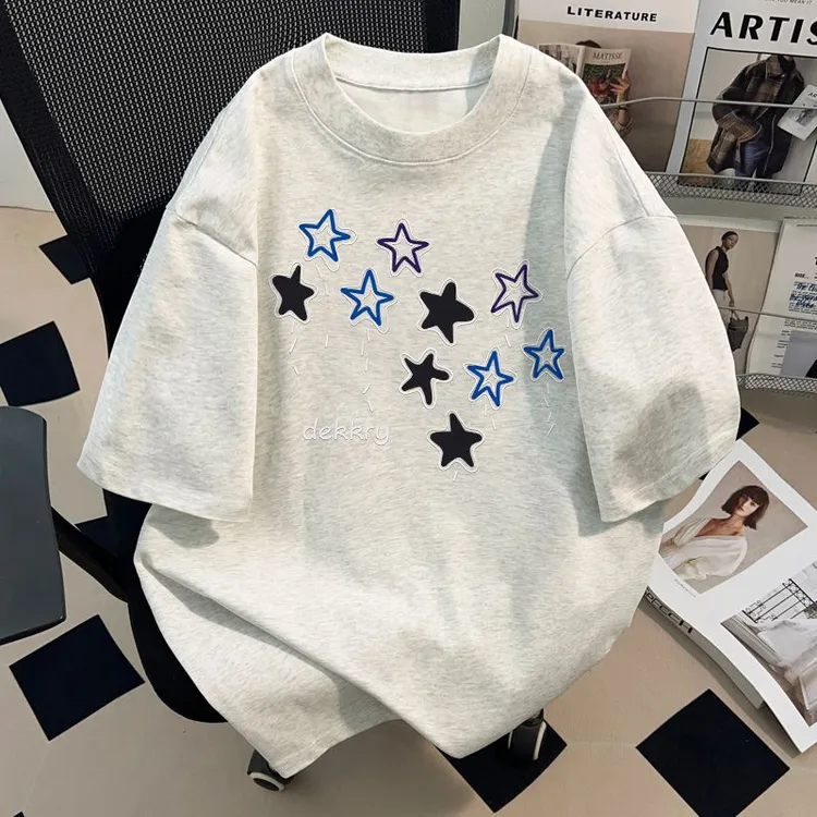 jtrt美式纯棉创意图案印花短袖t恤男女士夏季白灰色星星半袖上衣