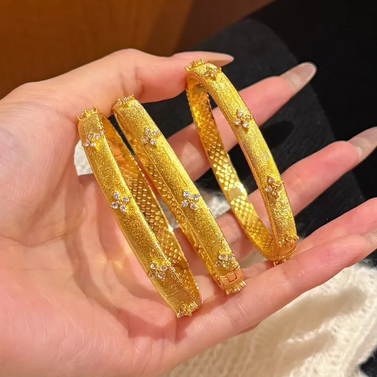 铜合金手镯 新中式拉丝四叶草开口手镯高级感精美轻奢女士不掉色