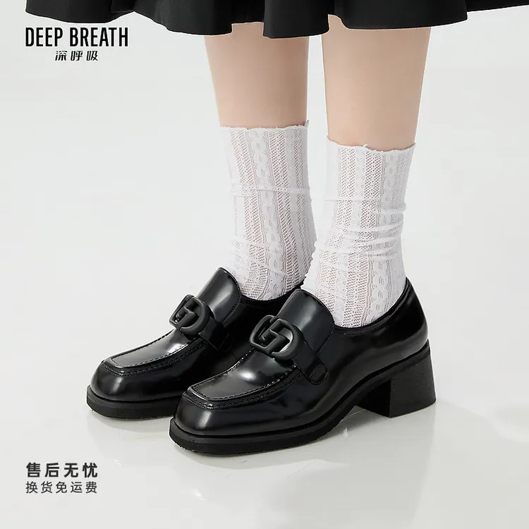 DEEP BREATH深呼吸女鞋新款牛皮粗跟乐福鞋方头单鞋AX11157