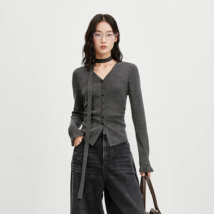 【时髦松弛】HPLY荷比俪冬女V领飘带腰部褶皱毛针织衫HRF41650069