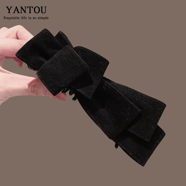 黑色丝绒蝴蝶结香蕉夹韩系发夹女后脑勺盘发竖夹抓夹气质鲨鱼夹子