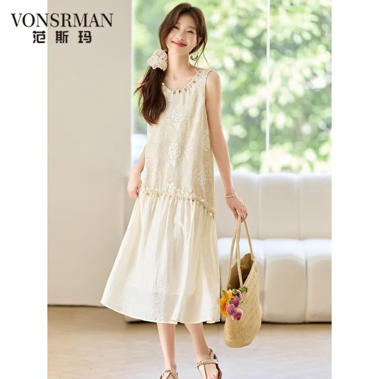 连衣裙夏女2025新款气质宽松遮肚子直筒慵懒风假两件中式无袖长裙