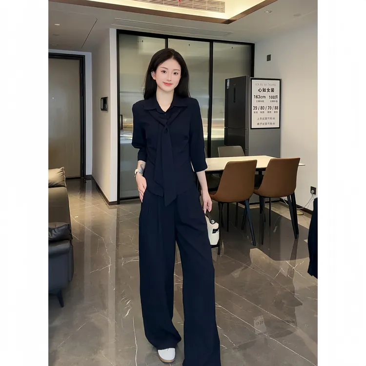  通勤时尚套装女森系秋季轻熟长袖衬衫宽松阔腿裤休闲两件套