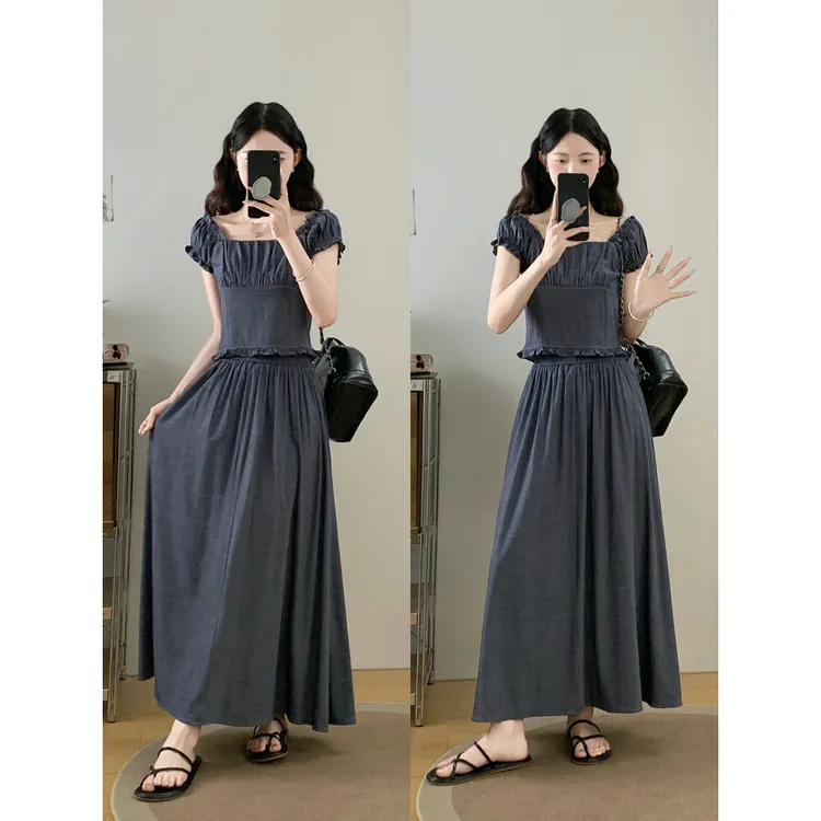 实拍~大码冰丝牛仔时尚a字半身裙夏季新款法式复古泡泡袖上衣套装