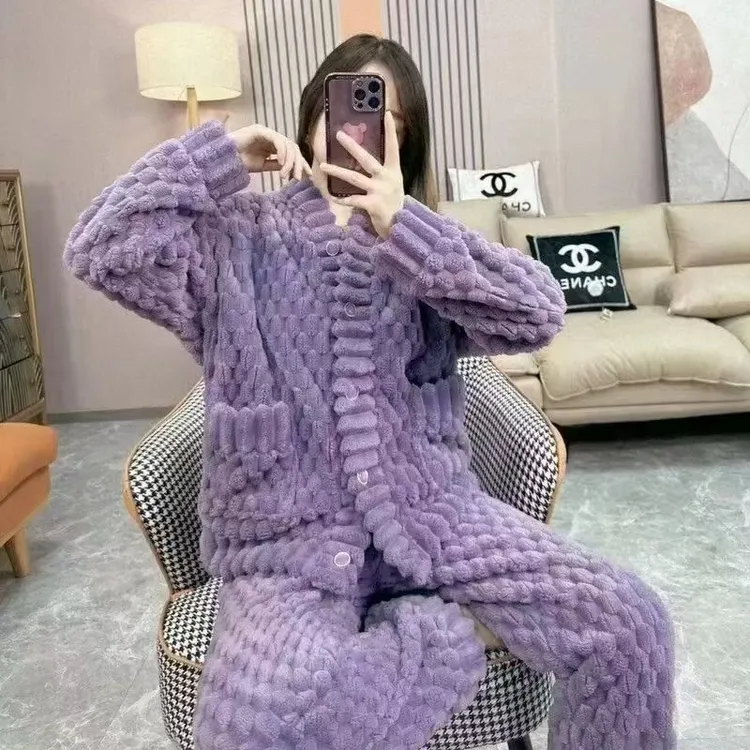 保暖长裤长袖冬季睡衣家居服套装时尚百搭家居服紫色龟甲绒珊瑚绒