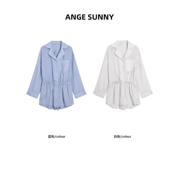 ANGE SUNNY【条纹衬衫连体裤】假两件翻领长袖休闲宽松连体衣