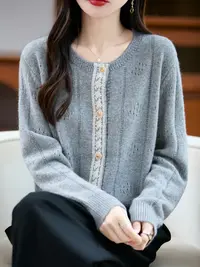 NaNa's 2025秋冬新款设计感女加厚保暖羊毛蕾丝拼接针织开衫4720