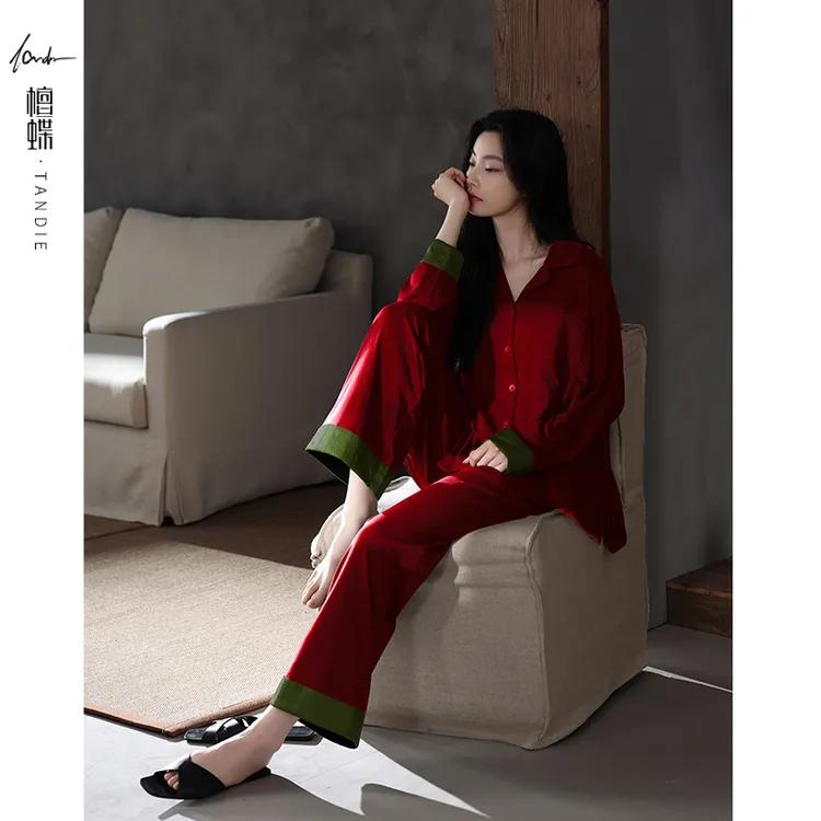 檀蝶结婚喜庆红睡衣纯棉本命年睡衣女款爆款2025新款秋季红色鎏金