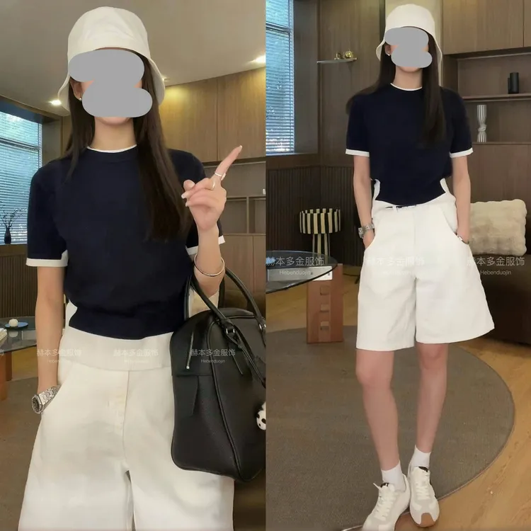 小众炸街高级感女装2025夏季简约撞色针织上衣百搭休闲短裤套装女