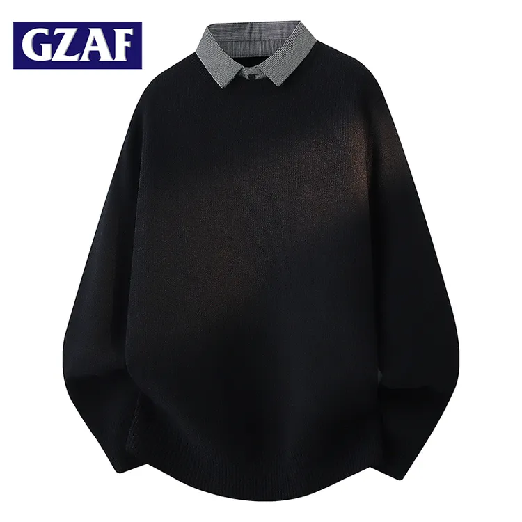 GZAF休闲气质假两件毛衣男士衬衫领针织衫秋冬内搭打底衫套头线衣