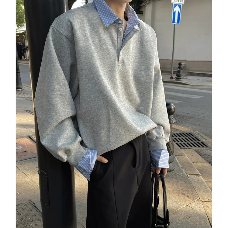 cleanfit灰色假两件衬衫领卫衣男2025秋季新款潮牌痞帅叠穿打底衫