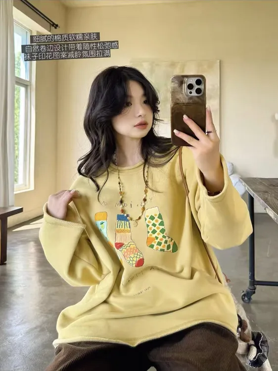 秋冬棉感自然卷边设计感袜子印花减龄优雅气质时尚休闲百搭卫衣