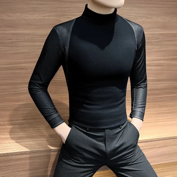 牛仔拼接中领长袖T恤男款秋季爆款2025新款设计感痞帅男士打底衫