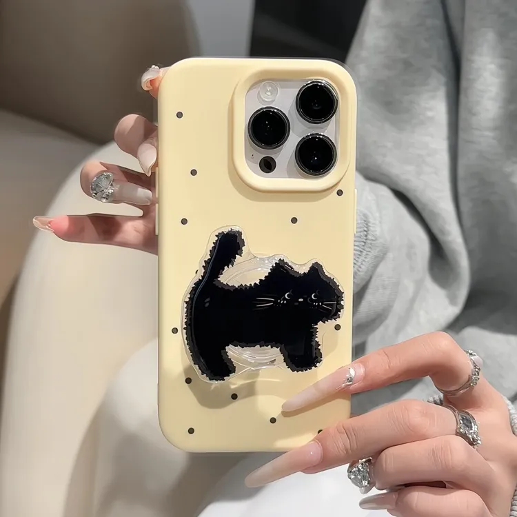 韩国ins波点黑猫支架适用iPhone16苹果13手机壳15promax/14软12女