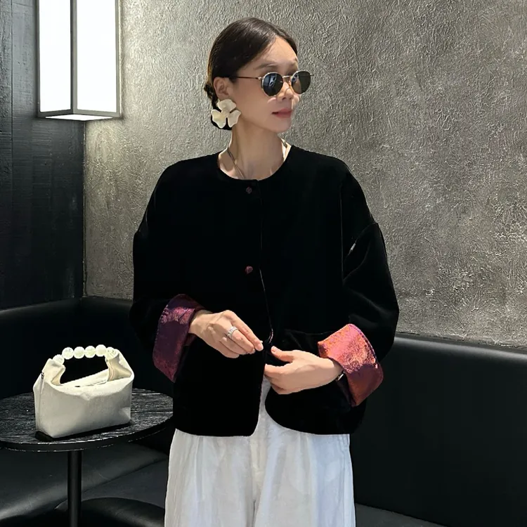 2025秋季新中式国风丝绒两面穿外套女休闲百搭高级感轻奢长袖上衣