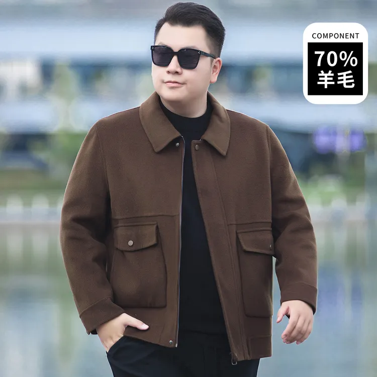加肥加大码男士时尚翻领羊毛呢大衣外套秋冬季肥佬休闲双面呢子衣