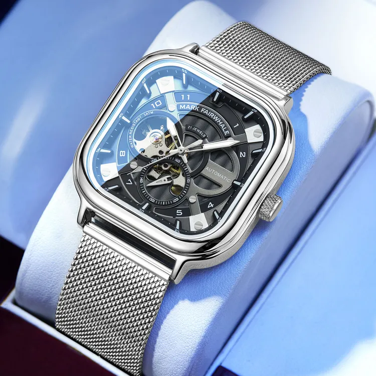 马克华菲正品方形全自动机械表时尚男士高颜值手表镂空男款6014